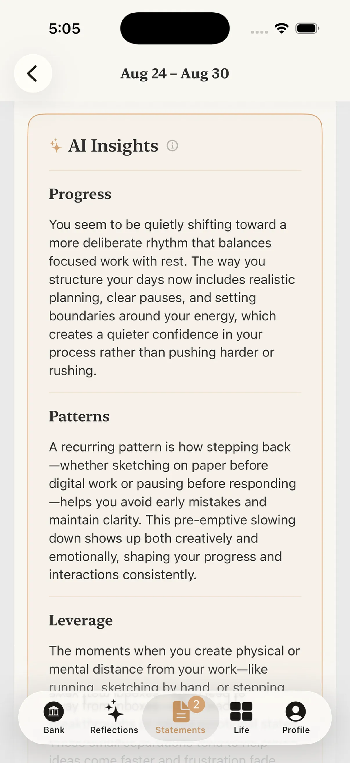AI insights on a weekly statement, showing progress and recurring patterns