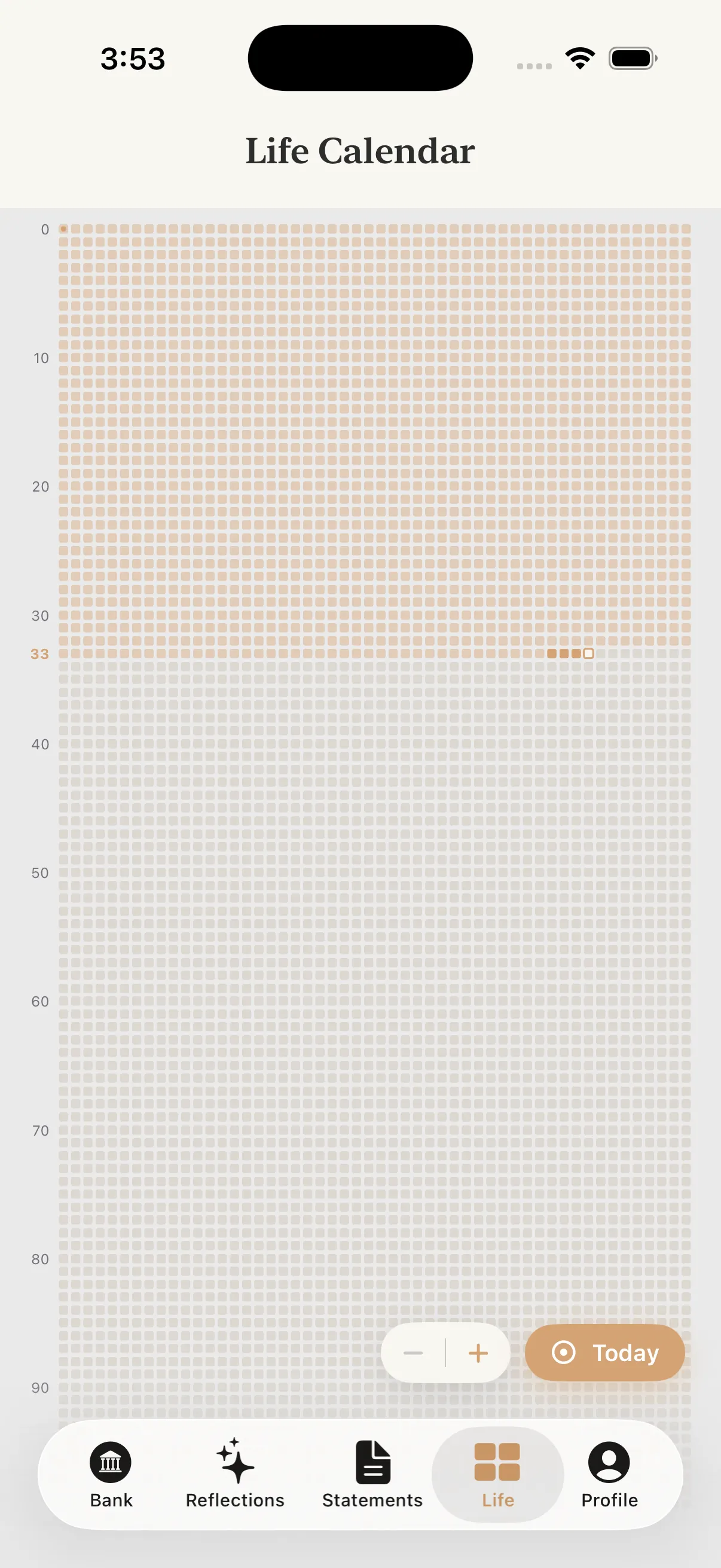 Life Calendar showing every week of a year, banked weeks filled in gold