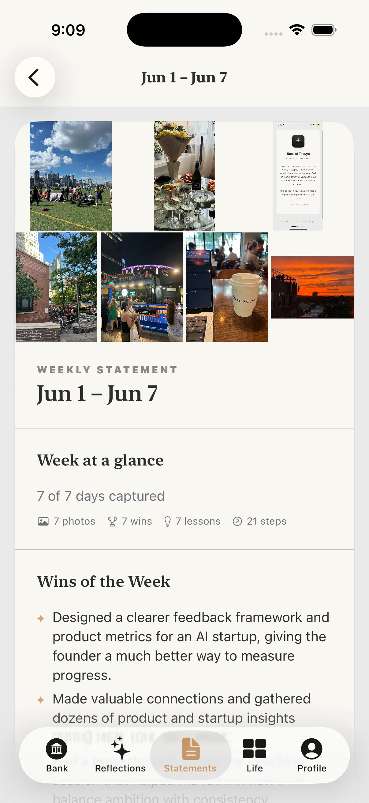 Weekly statement summarizing wins, lessons, and photos from the week